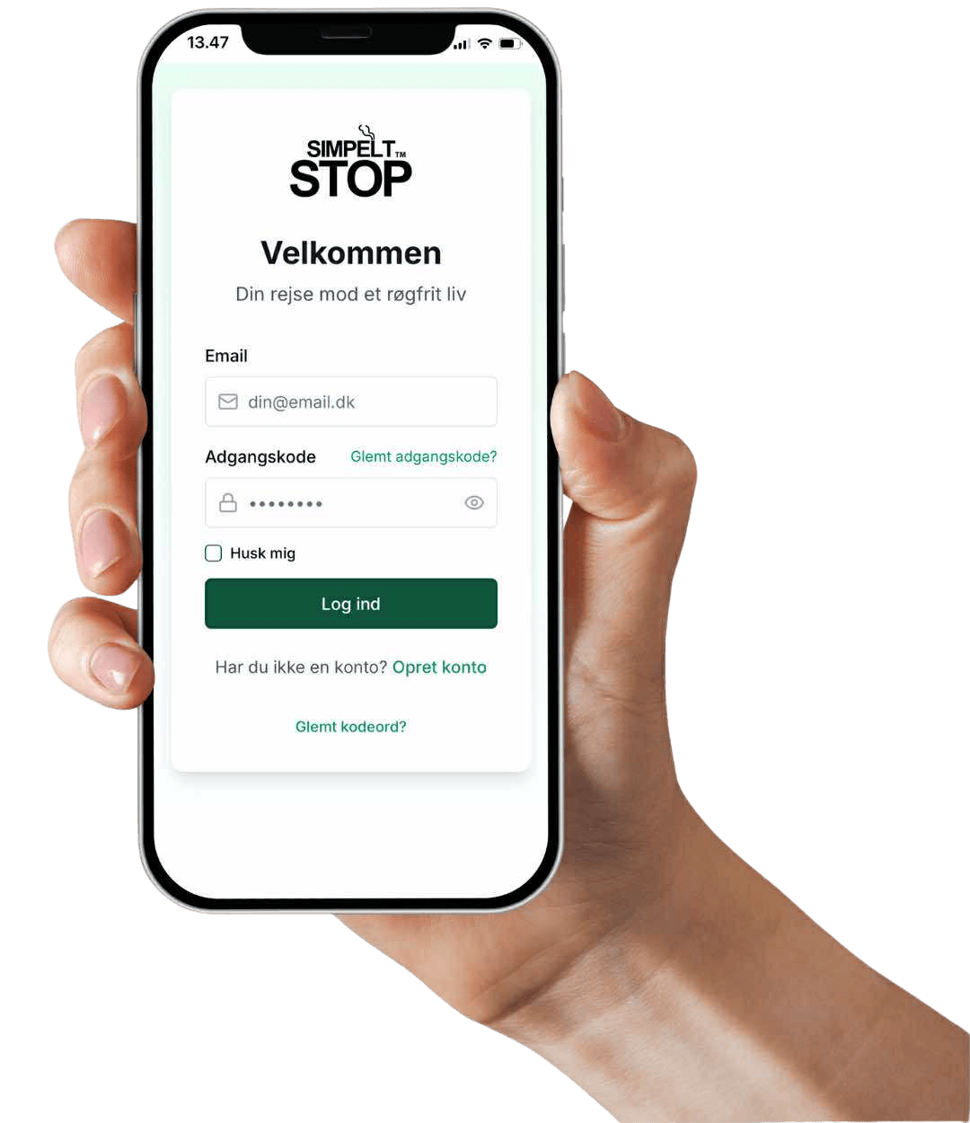 Simpelt Stop app login interface på mobil